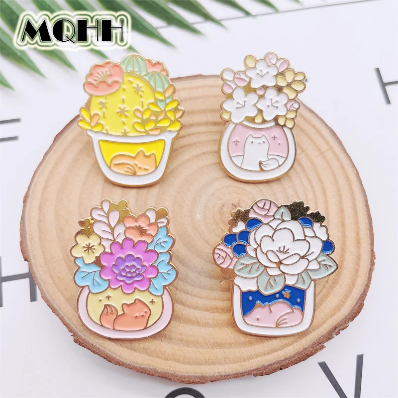 Эмалированные заколки с милыми растениями в горшке и из мультфильма розовые