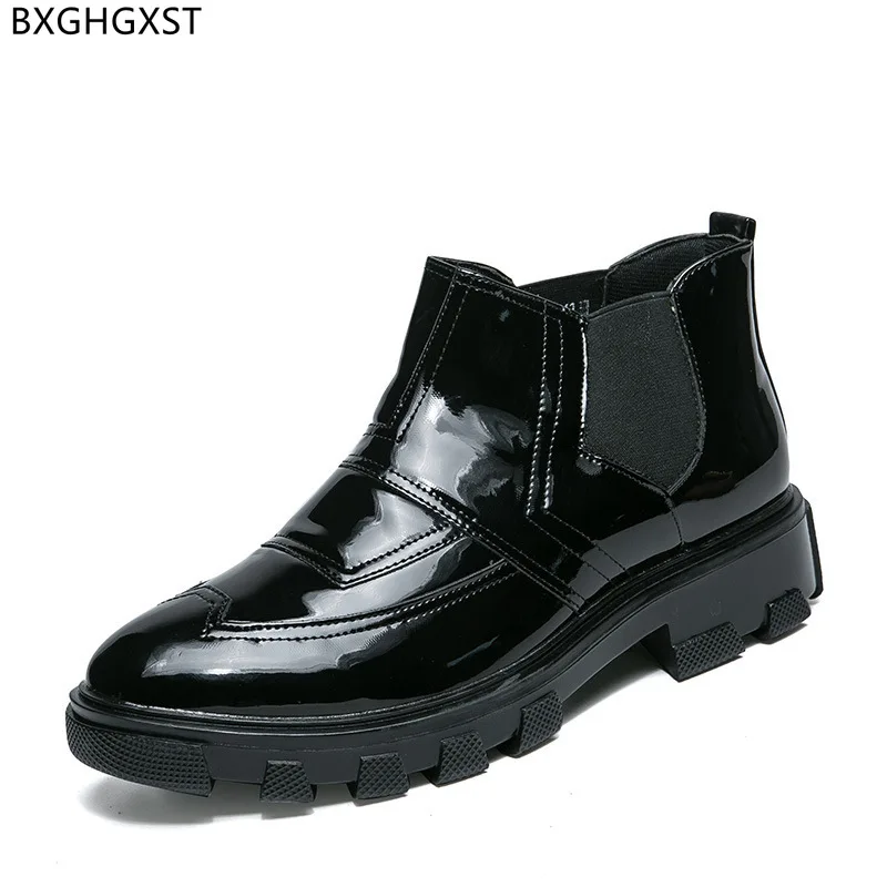 

Chelsea Boots Homme Chunky Ankle Boots Men Platform Boots Man Patent Leather Shoes Men повседневная обувь из кожзаменителя