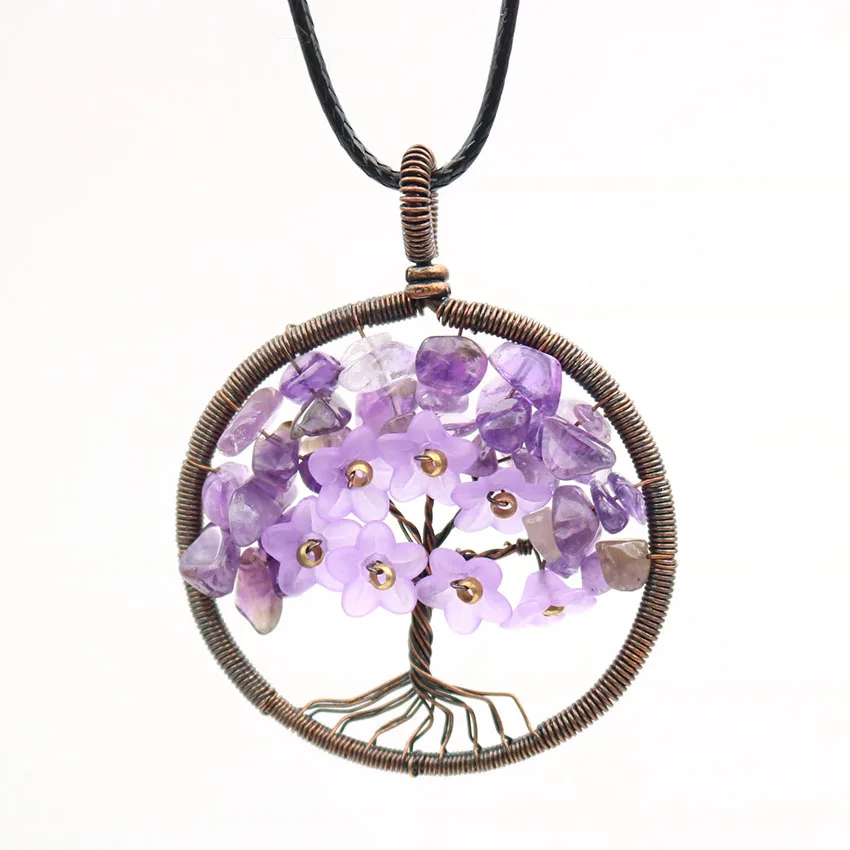Медная проволока обертывание Древо жизни Цветок пурпурные аметисты камень кулон