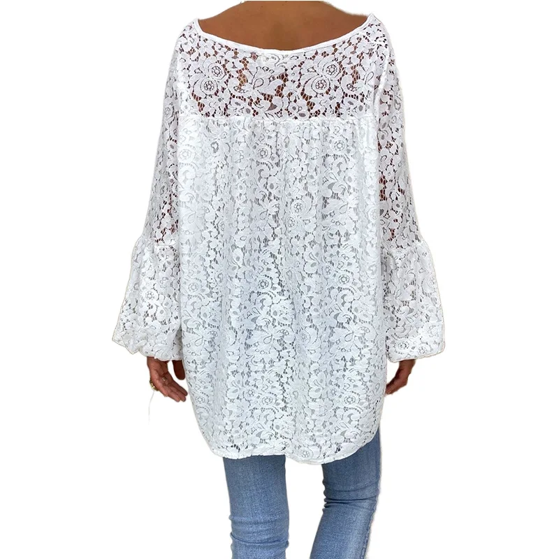 

2020 spring and summer European and American women's solid color hollow V-neck long sleeve loose shirt christmas shirt