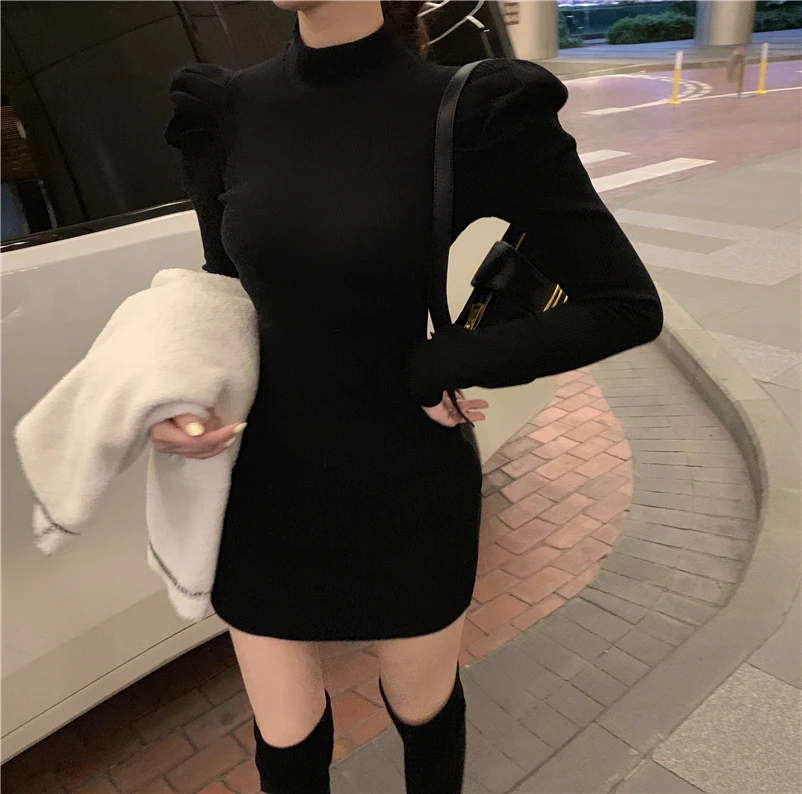 Fashion Puff Sleeve Knitting Exclusive Jumper Dress Women Autumn Turtleneck Mini Vintage Sexy Bodycon club Party | Женская одежда