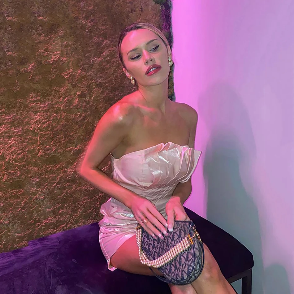 

Women Summer Style Pink Sexy Off Shoulder Sleeveless Mini Bodycon Bandage Dress Elegant Celebrity Fashion Cocktail Party Dress