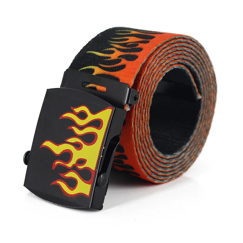 

Purple, Black Flame Print Belts Men/women Nylon Metal Buckle Belt High Quality Belts Male Luxury Casual Straps Waistband 140cm
