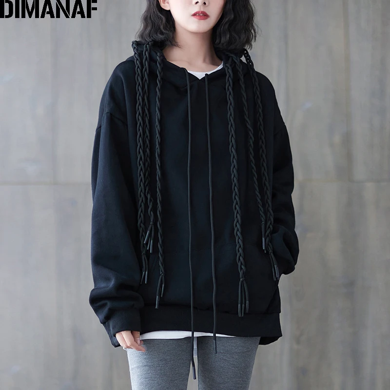 

Женская толстовка с флисовой подкладкой DIMANAF, повседневный Свободный пуловер черного цвета из хлопка, толстый свитшот большого размера для ...