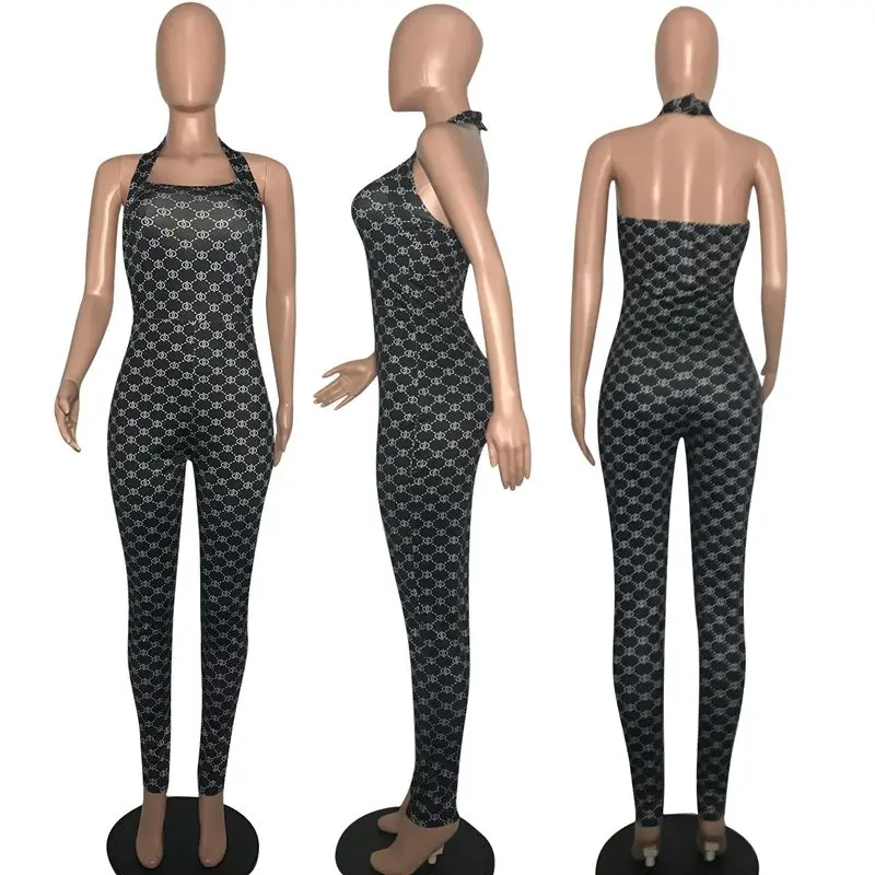 

Sleeveless Halter Wrap Printing Tight Romper Jumpsuit Party Club Playsuit Bodysuit One Piece Outfit Sexy Streetwear Wholesale