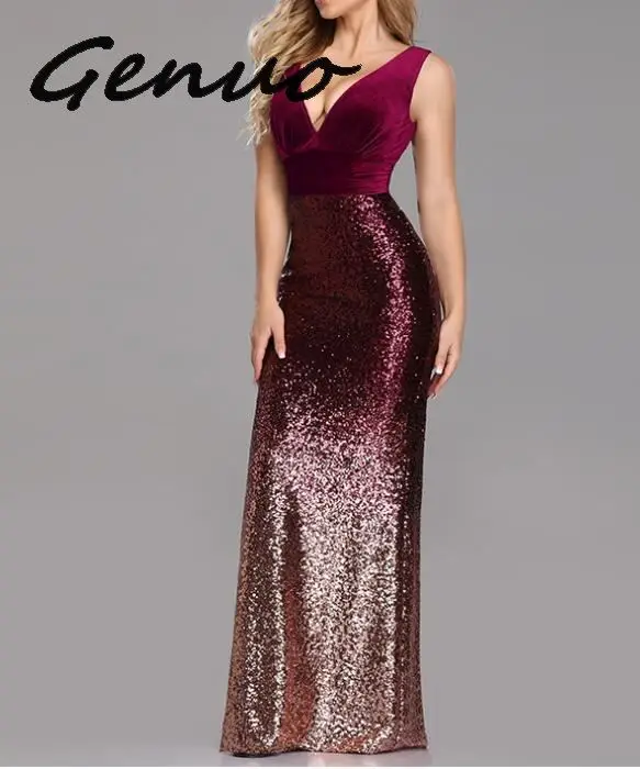 

Genuo New 2019 Sequined P-rom Dresses V-Neck Spaghetti Straps Velour Sexy Long Mermaid Dresses Robe De Soiree Femme