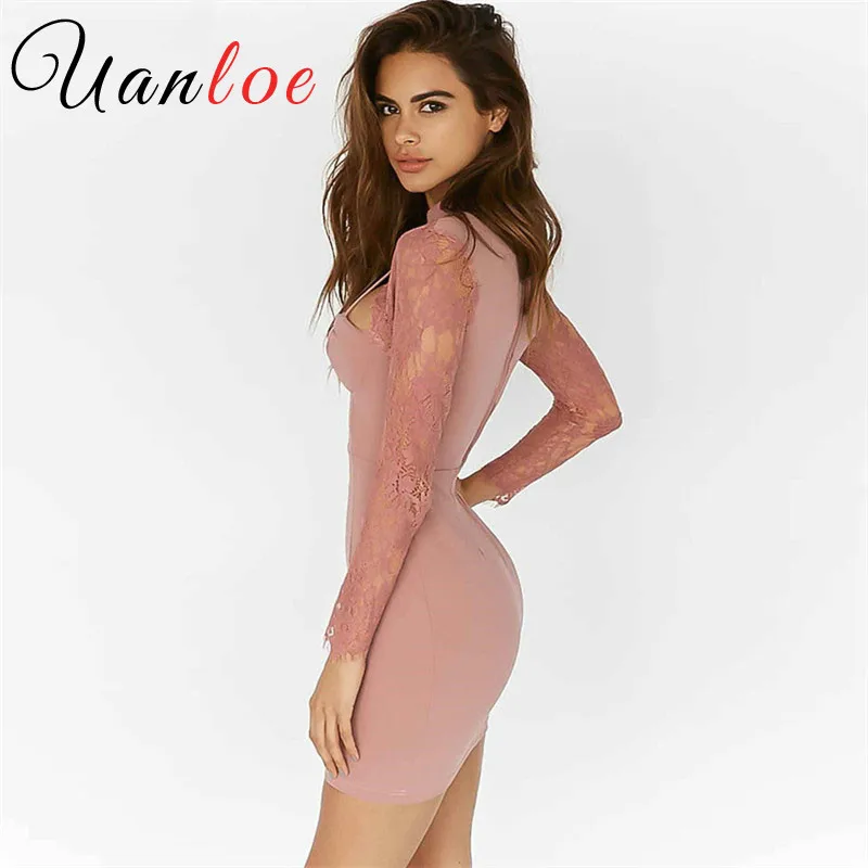 

UANLOE Lace Patchwork Sexy Bodycon Dress Halter Hollow Out V-Neck Party Dresses Short Long Sleeve Casual Summer Dress Women