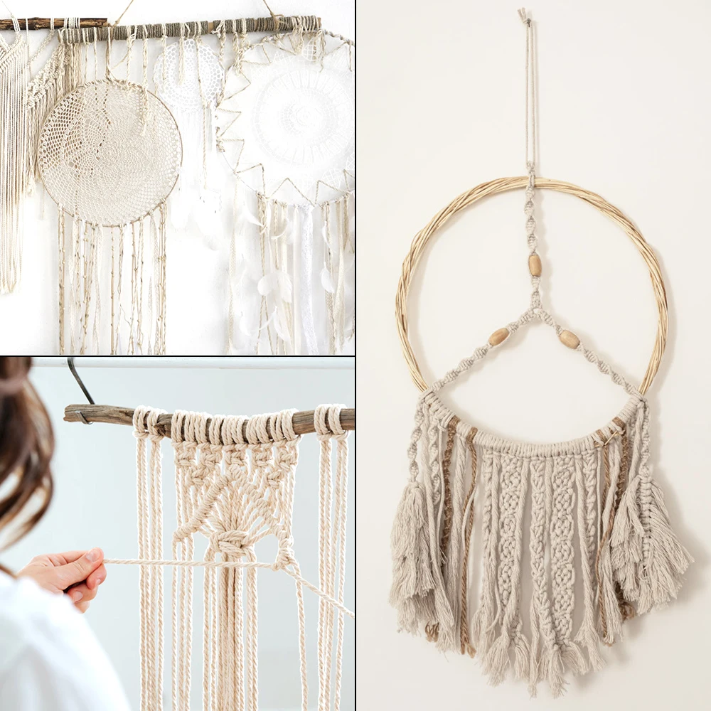Шнур макраме из натурального хлопка м с деревянным кольцом деревянная палочка