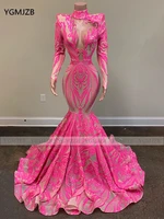 pink long mermaid prom dress 2022 for black girls sparkly sequin lace full sleeve illusion mesh cutout evening gala gowns