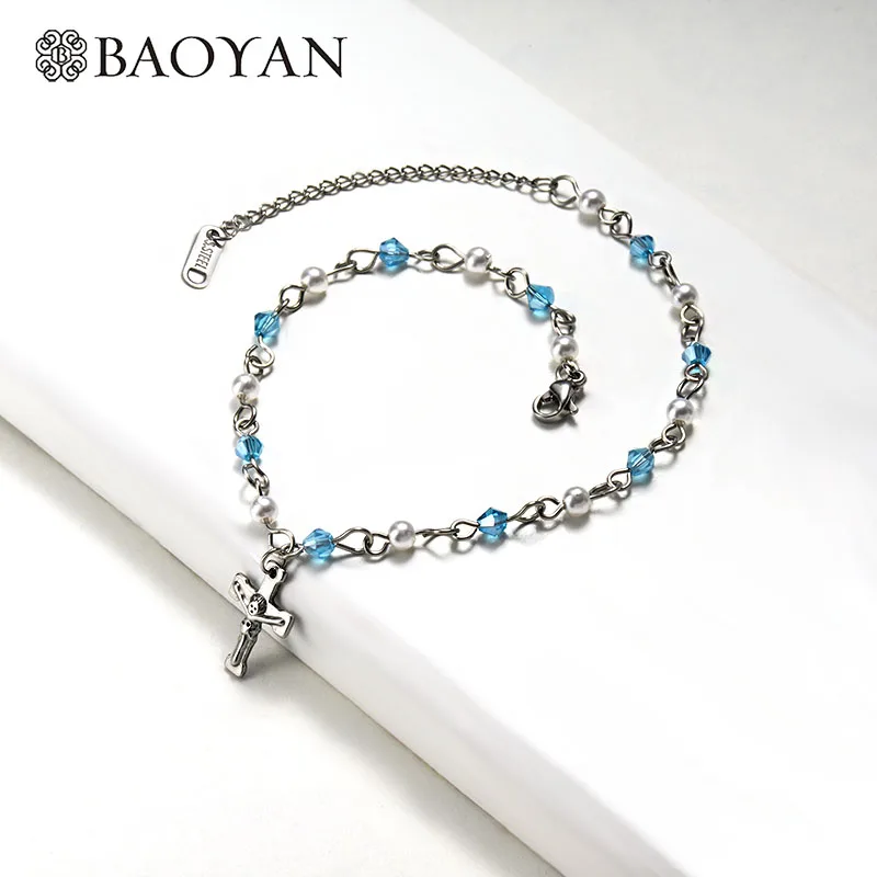 Blue Baoyan серебряный цвет Греческий крест очаровательный браслет Модный жемчужный браслет четки с кристаллами ручной работы из нержавеющей стали браслет для женщин - Окраска металла: Blue