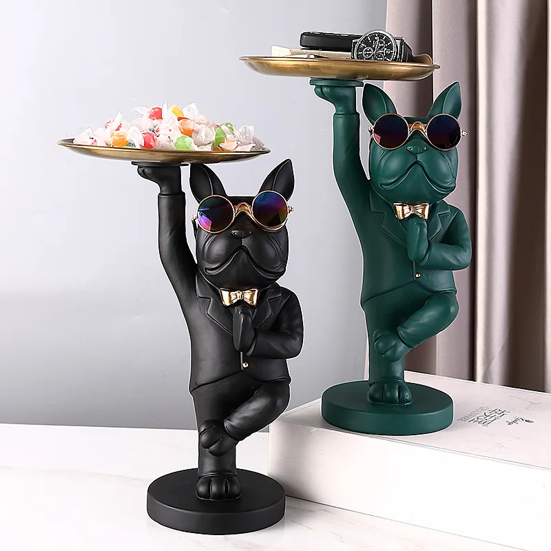 

French Bulldog Storage Statue Fruit Snacks Candy Tray Entrance Desk Key Plate Coin Bank Sculpture Home Decoratio Accessories