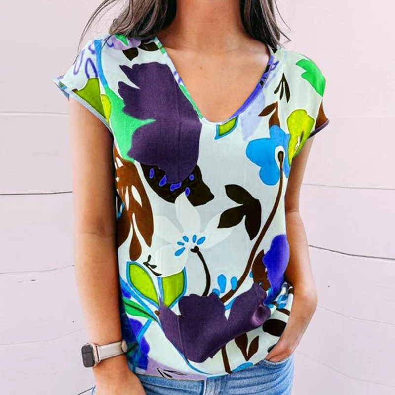 

Summer Ladies Casual Harajuku Pullover Top Women Short-Sleeve V-Neck Lotus Leaf Petal Printed Tee Shirts Daily Commute Wear