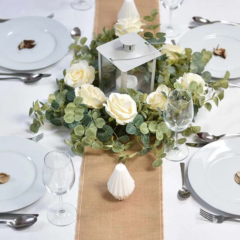 Искусственный эвкалипт гирлянда с цветами розы цвета шампанского длинная