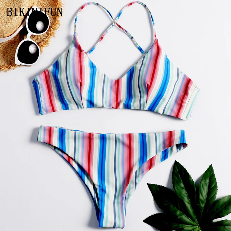 

Женский купальник в радужную полоску, с треугольными чашечками, с перекрещивающейся спиной, пляжный комплект с низкой талией, 2020, купальник...