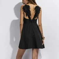 beach black dress women summer lace angel wings dress casual slim backless beach dresses female spaghetti strap dress