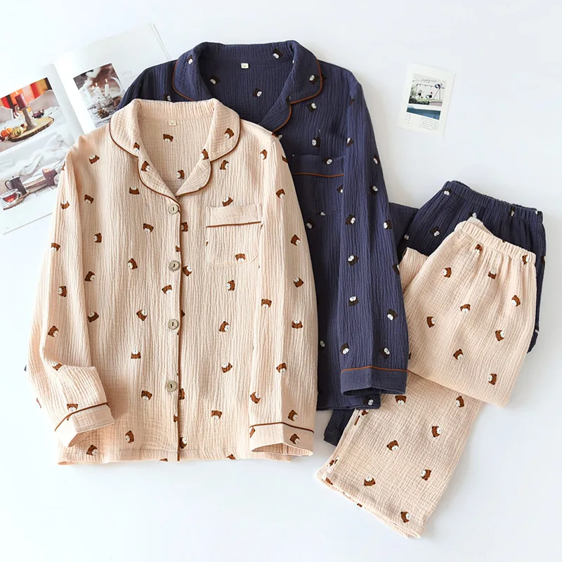 

Couple Sleepwear Pure Cotton Crepe Spring autumn Long Sleeve Pants Cartoon Pajamas Set Women Men Pajamas Loose Comfy Home Wear