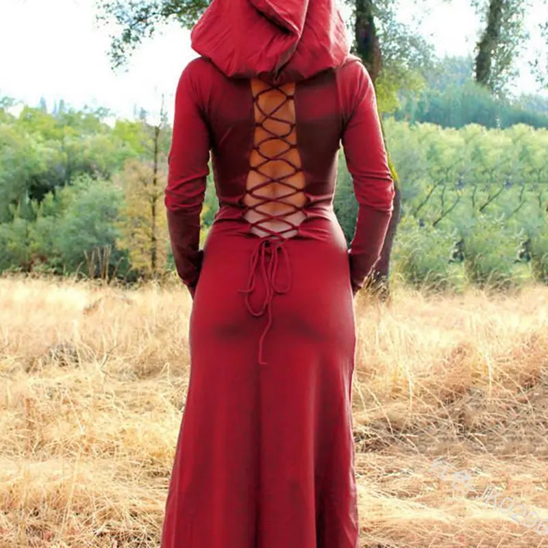 Женское платье в стиле ретро готическое с капюшоном на повязке длинным рукавом