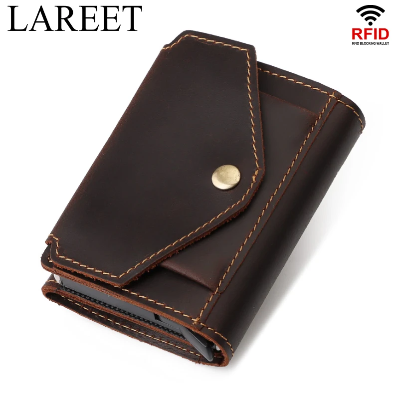 

Genuine Leather Credit Card Holder Wallet Men RFID Anti-thef Aluminium Automatic Bank Cardholder Case Vintage Male Money Clips
