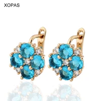 luxury quality jewelry lucky four leaf clover round cut sea blue cz gold color small drop earrings for girls party jewelry