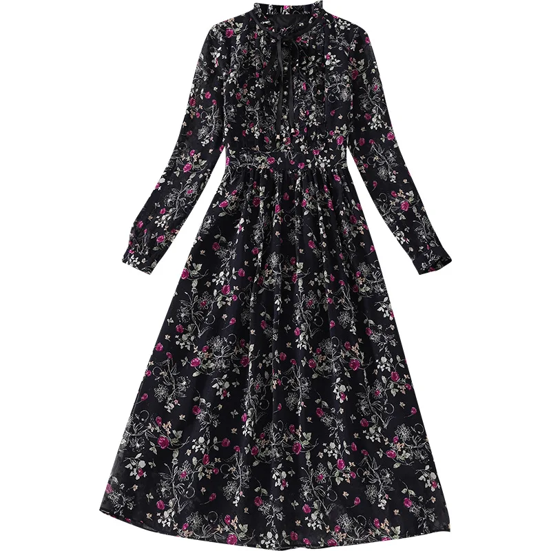 

Spring Autumn Women's Dress Chiffon Floral Empire Slim Fashion One-piece Dress SIKEYO 024