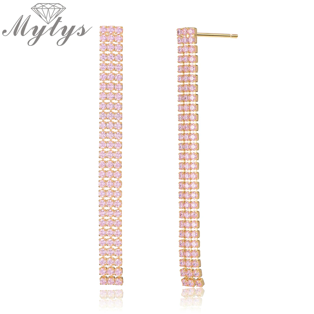 Женские Висячие серьги Mytys розовые с кристаллами и цепочкой для тенниса