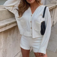 womens knitted cardigan sweater shorts suit long sleeve single breasted top two piece set female 2021 summer lady casual sets
