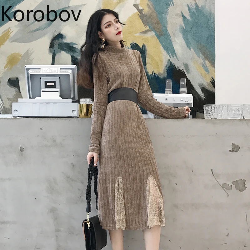 Korobov элегантное кружевное лоскутное женское платье корейское с длинным рукавом и