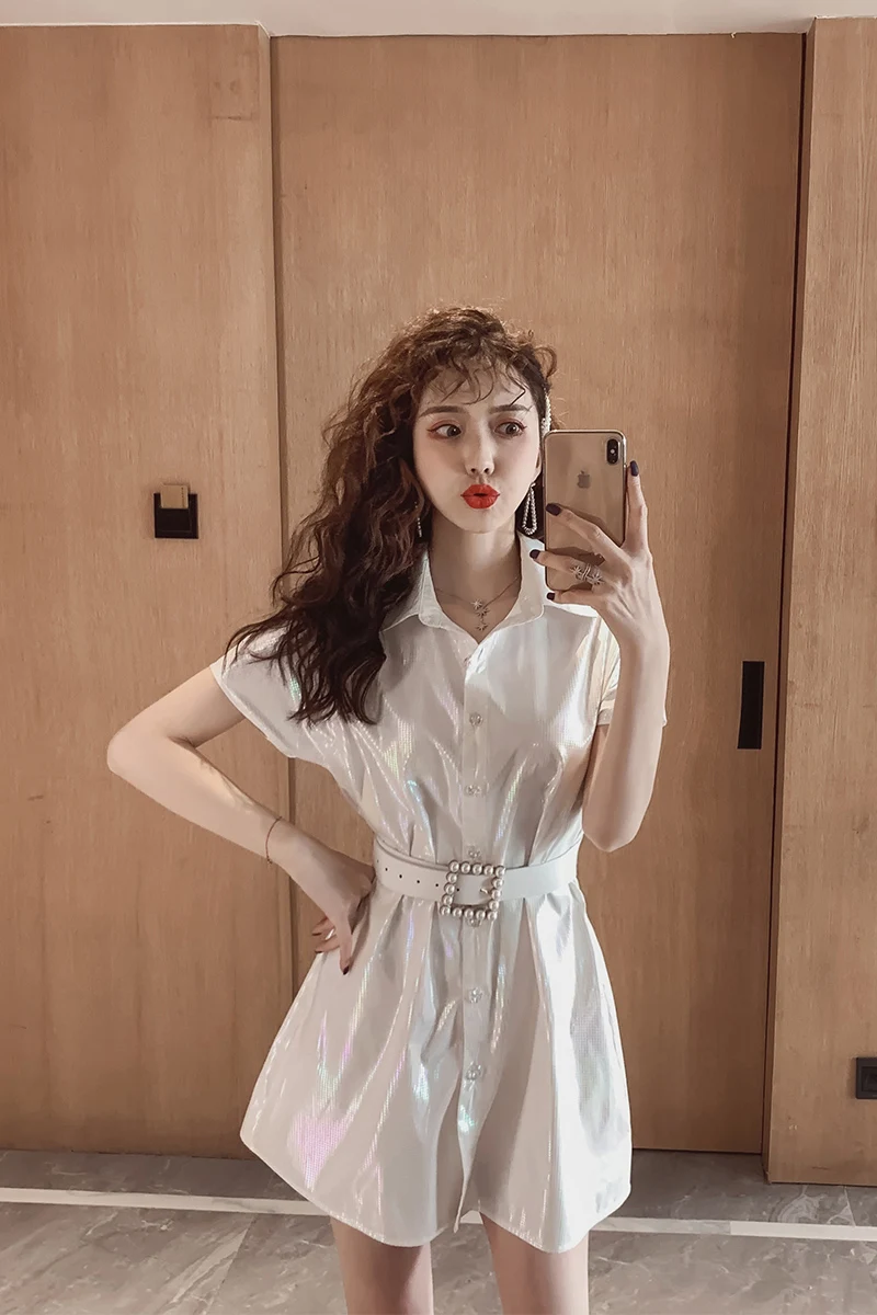 

COIGARSAM French Style Women one-piece dress korean New Summer High Waist Dresses White 2280