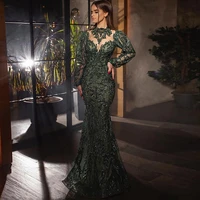 elegant arabic dubai mermaid formal evening dress long sleeve high collar lace hunter green prom party gown floor length 2022