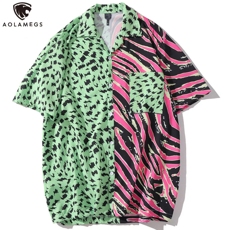 

Aolamegs Leopard Patchwork Shirts Men Beach Hawaiian Shirts Short Sleeve Casual Tee Shirt Male Summer Hip Hop Streetwear Couple