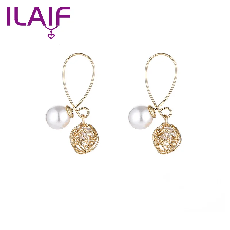 

New Fashion Ladies Golden Metal Winding Pearl Earrings Hollow Ball Hollow Jewelry Wedding Jewelry New Year Gift