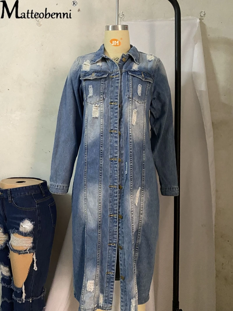 

Autumn women's sexy ripped denim jacket 2021 retro casual long denim jacket winter women's jacket streetwear plus size