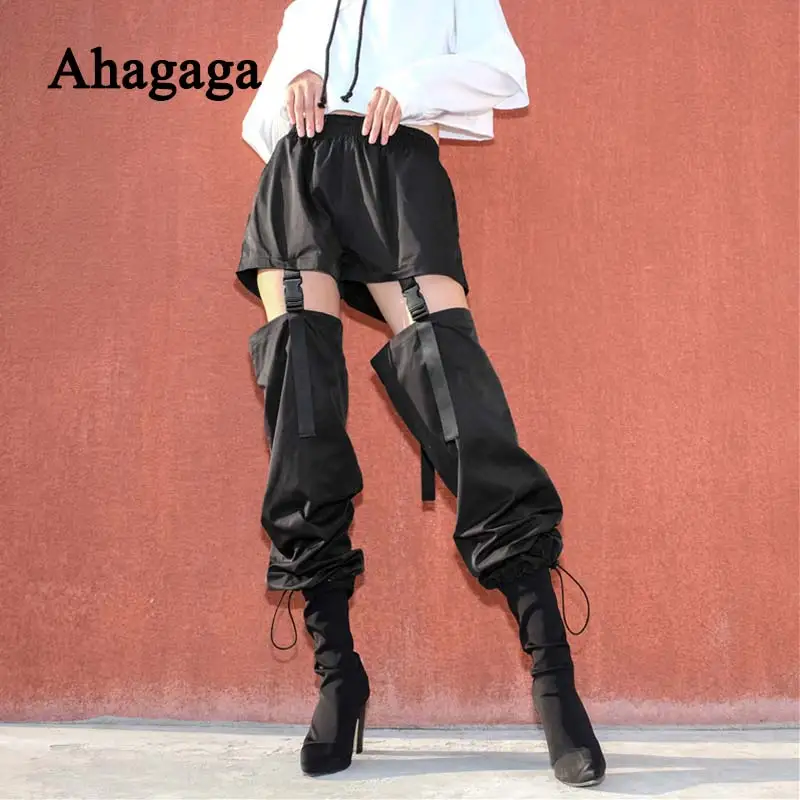 Женские открытые брюки черные повседневные свободные в стиле хип-хоп с пряжкой