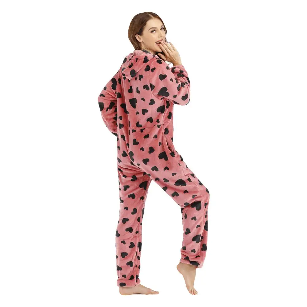 Rose Red Women Onesies Pajama Casual Flannel Autumn Winter Jumpsuits Streetwear Black Love Print Pyjamas Loose Homewear Female