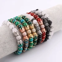 dropshipping new design natural stone agate jade beads cz pave crown charm custom elastic bracelet women jewelry gift