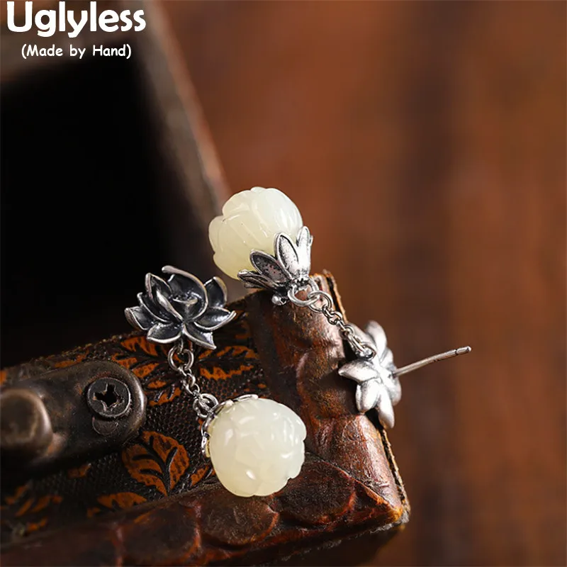 

Uglyless винтажные тайские серебряные 925 серебряные серьги-гвоздики в виде лотоса для женщин серьги цветок лотоса из натурального нефрита ручн...