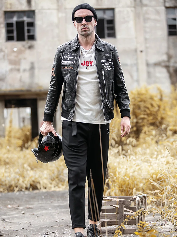 

Men's Motorcycle Leather Jacket Men's Air Force Pilot Fashion Brand Street Baseball Uniform Coat Black