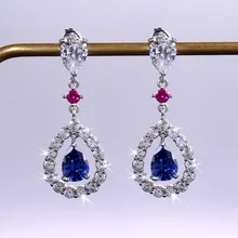 Fashion Temperament Long Water Drop Blue Zircon Pear Shape Earrings Female Trend Earring for Wedding Jewelry Lover Gifts
