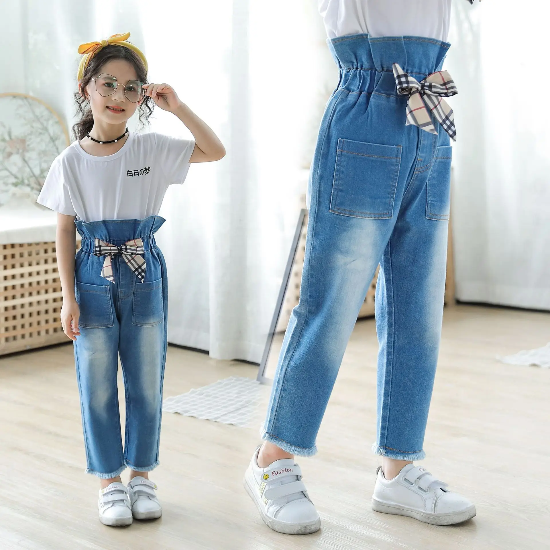 Джинсы для девочек подростков эксклюзивная одежда маленьких джинсовые брюки с