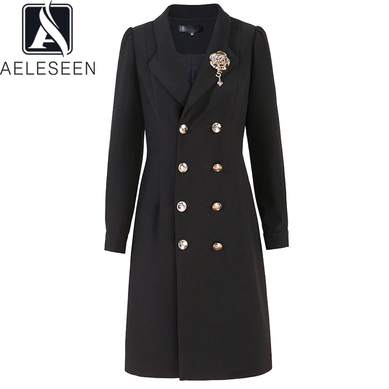 

AELESEEN Fashion Designer 2022 Spring Office Lady Dress Women Black Double Breasted Elegant Slim Long Sleeve Suit Dresses