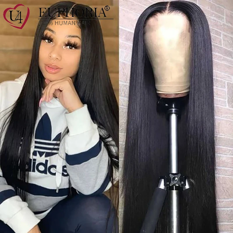 

Brazilian Human Hair Lace Part Wig 13x4x1 T/L Part Lace Front Wig Remy Hair 150% Density Natural Black #27 Pre Plucked EUPHORIA