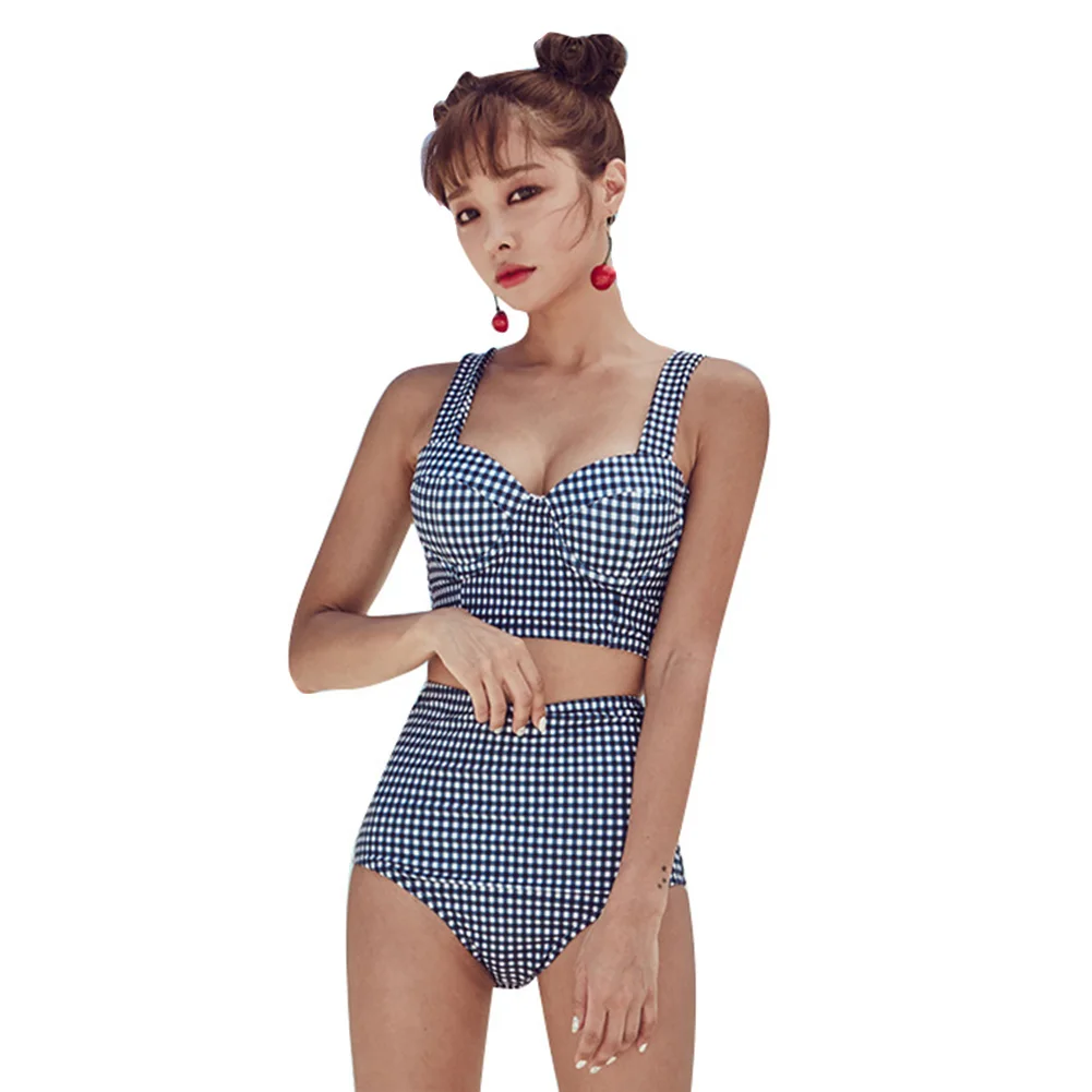 

Women's Swimsuit Bikinis 2021 Woman Ladies Split Swimwear Set Grid Printed Bikini High Waist Briefs Swimsuits for Beach Summer