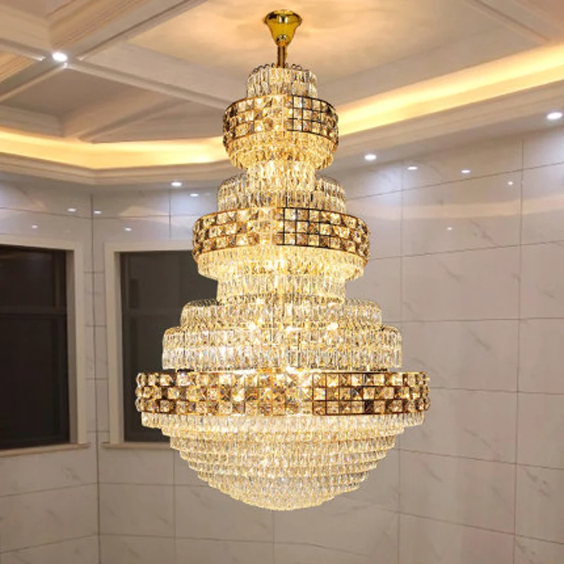 American Crystal Chandelier LED Light European Modern Crystal Chandeliers Lights Fixture Big Long Hotel Lobby Hall Parlor Lamp