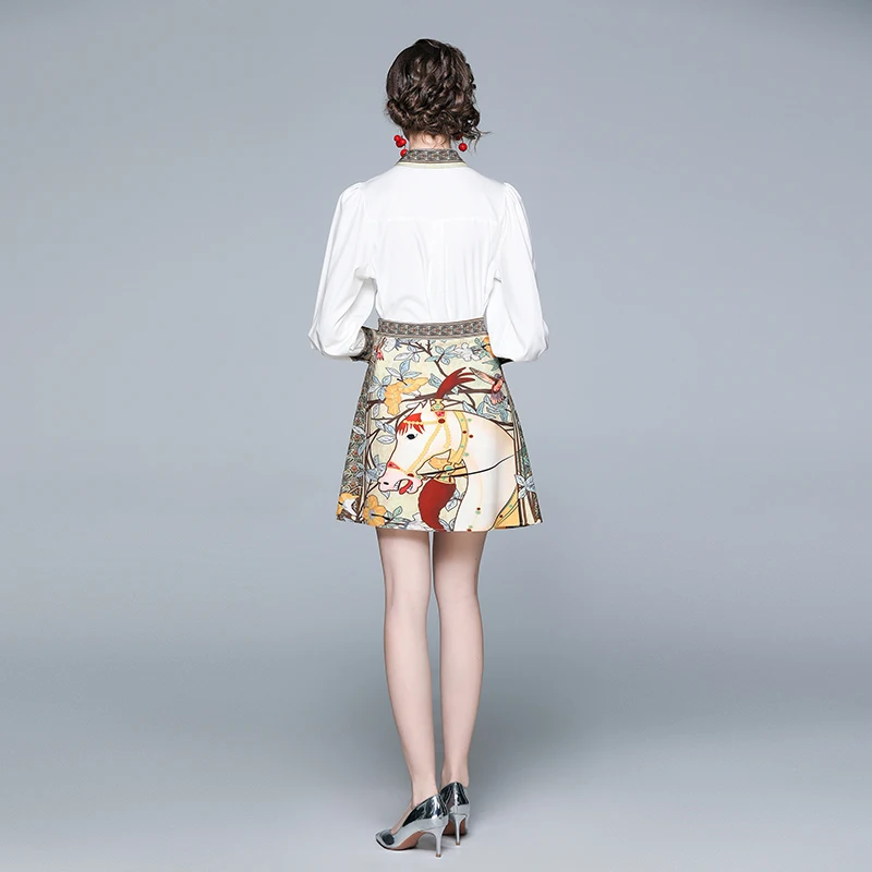 

2021 New Spring Young European Women's Two-Piece Suit Printing Lapel Top Skirt