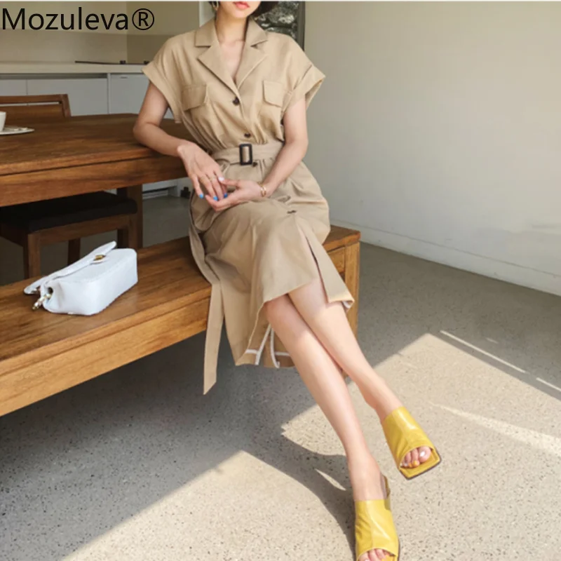 

Mozuleva 2021 Women Front Button Shirt Dress Solid Sashes Short Sleeve Casual Belt Waist Midi Dress Office Lady Summer Sundress