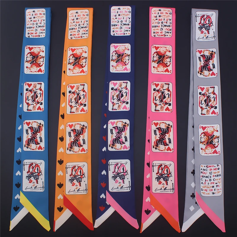 

Design Small Neck Hair Scarf for Women Silk Skinny Ribbons Female Bag Scarfs Poker Print Female Head Band Tie