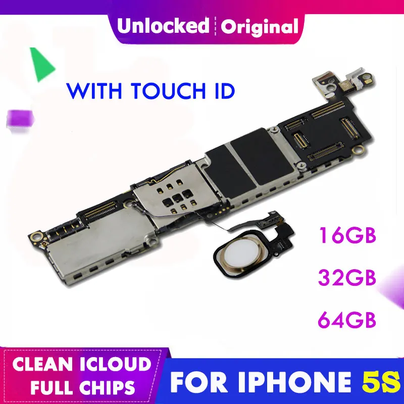 Оригинальная материнская плата для iPhone 5S, 16 ГБ, 32 ГБ, 64 ГБ, основная материнская плата iCloud, разблокировка без отпечатков пальцев, сенсорная ID, полные чипы