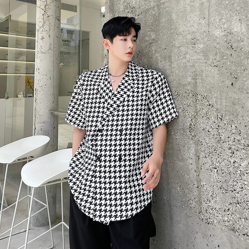 

Man Vintage Suit Collar Shirts Men's Houndstooth Net Celebrity Double-breasted Short Sleeve Loose Casual Shirt Blazers