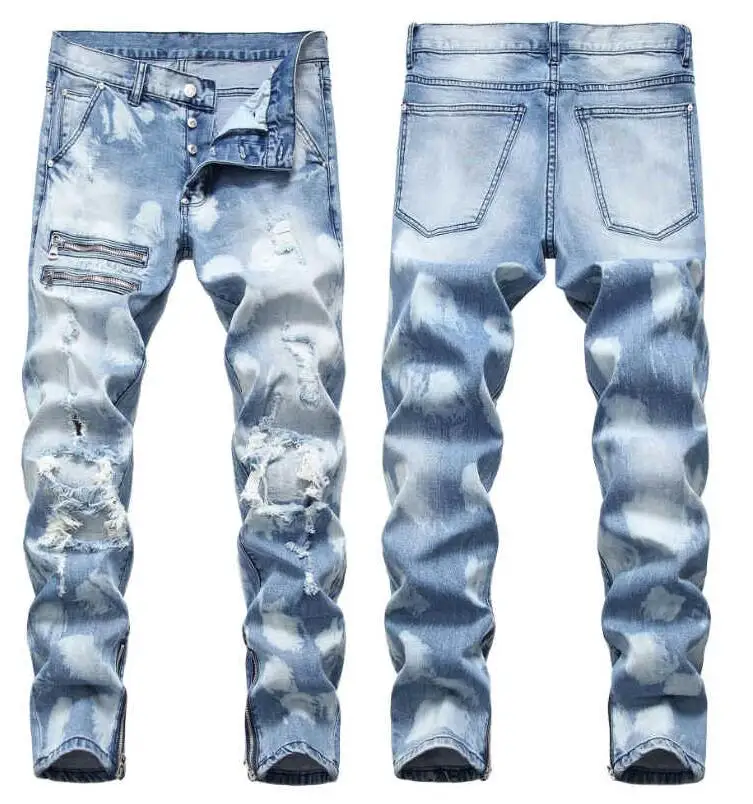 Men Jeans Hole Men's Slim-Fit Stretch Ripped With Cuffs Male Denim Trousers Plus Size 42 | Мужская одежда