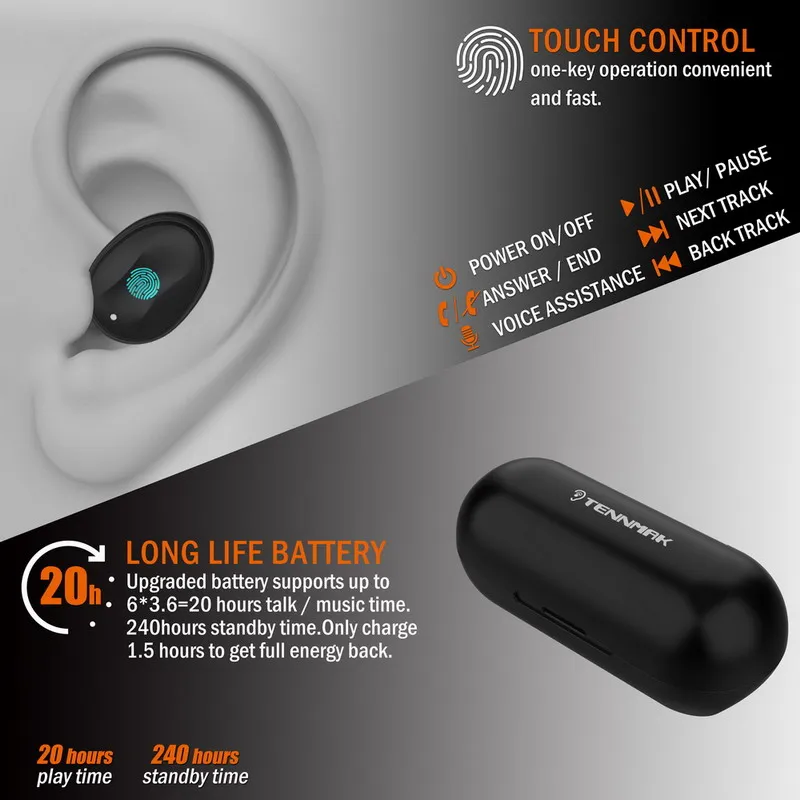TENNMAK True беспроводные наушники TWS06-Bluetooth 5,0 стерео Hi-Fi звук с глубокими басами беспроводные наушники Встроенный микрофон гарнитура
